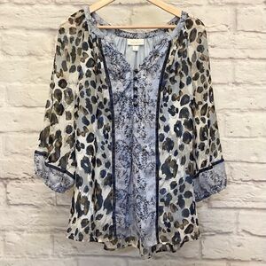Dressbarn 1X Top Fairy 3/4 Sleeve Metallic Flowy Blue Shirt Animal Print Button